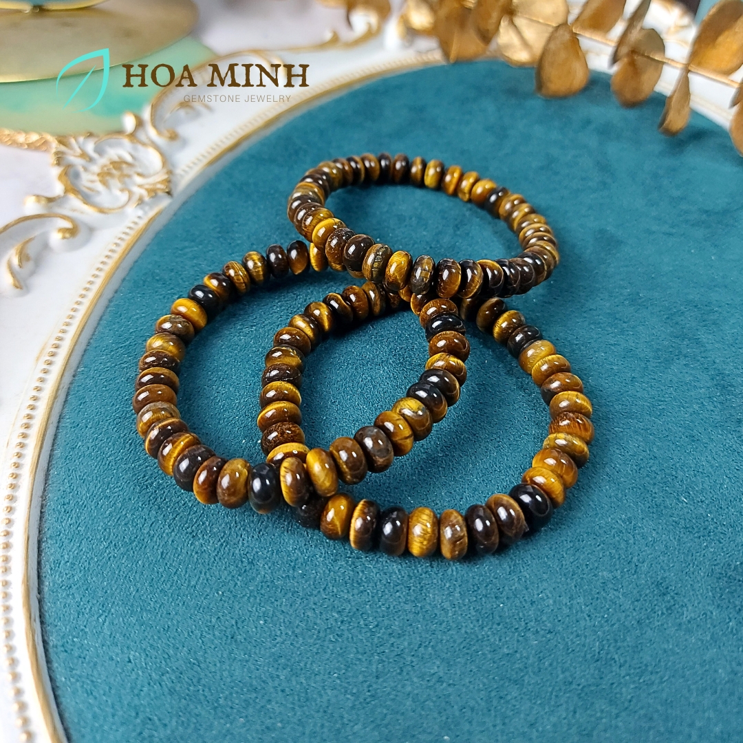 Vòng tay đá Mắt Hổ vàng nâu kiểu bánh xe size 8 li phong thủy tài lộc may mắn
