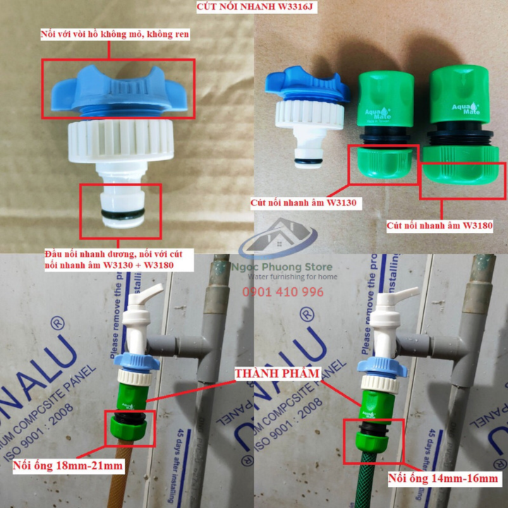 COMBO 3 Cút nối nhanh nối vòi nước không mỏ,ren và ống mềm làm vườn 14mm-21mm AQUAMATE ĐÀI LOAN – W3216 kèm W3130 và W3180