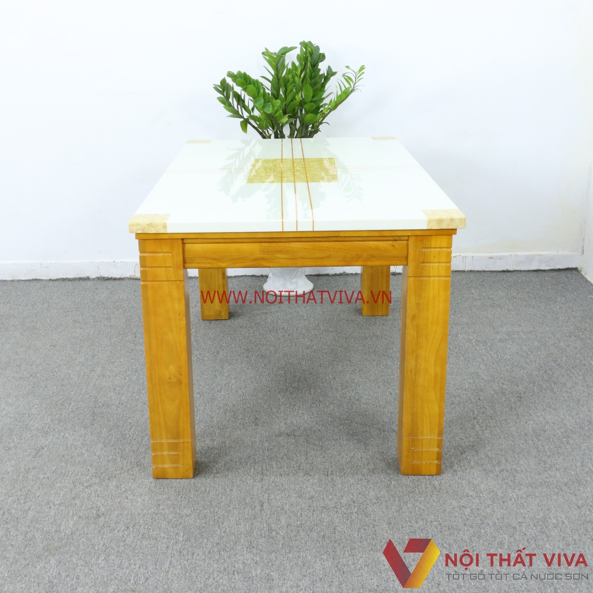 Bộ Bàn Ăn 6 Ghế Gỗ Xoan Mặt Đá Cẩm Thạch Cao Cấp Màu Vàng Mờ Hiện Đại