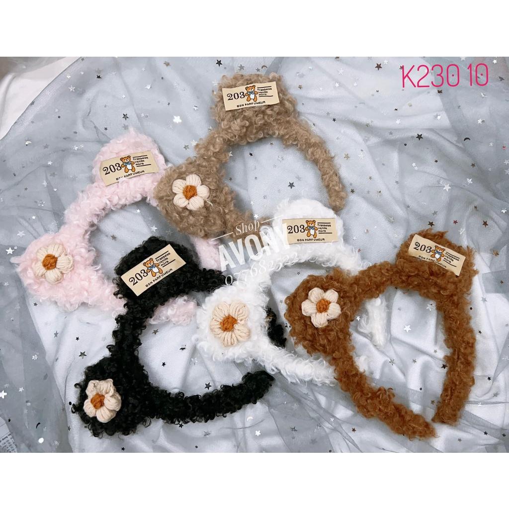 Cài bờm tóc lông xù tai gấu đính hoa móc len model