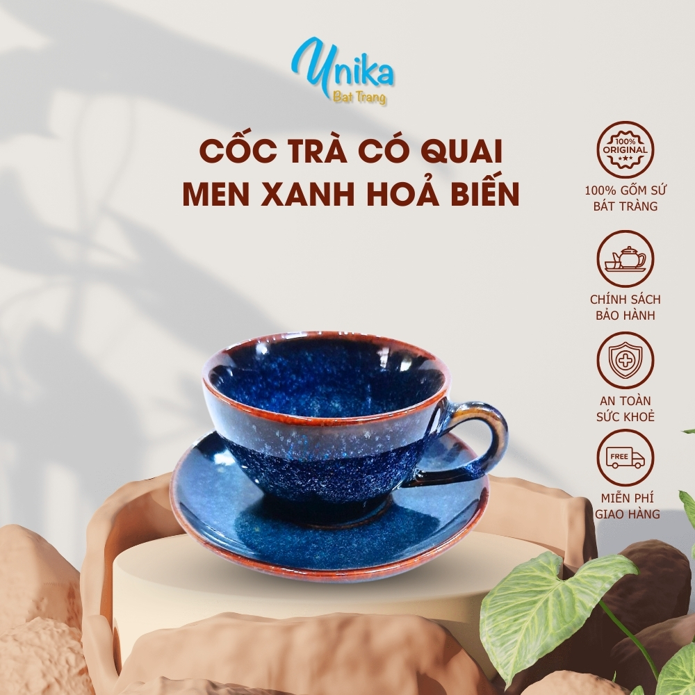 Cốc uống nước trà có quai xanh hoả biến 7x4cm - Tách uống nước chè xanh hoa biến - Ly uốc nước trà