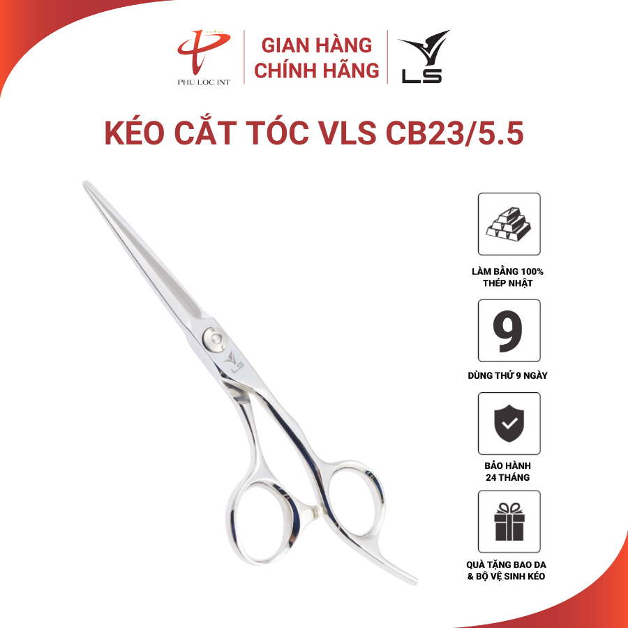 Kéo cắt tóc VLS CB23/5.5 lưỡi thẳng quai offset vênh đỡ ngón cố định - Hàng chính hãng