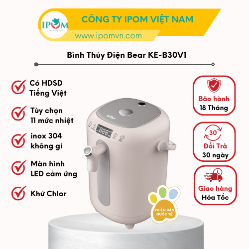 Bình Thuỷ Điện Bear Đun Nước Nóng Siêu Tốc, Tự Động Giữ Ấm 55 Độ, Khử Clo An Toàn Cho Sức Khoẻ - KE-B30V1 - Hàng Chính Hãng Bảo hành 18 Tháng