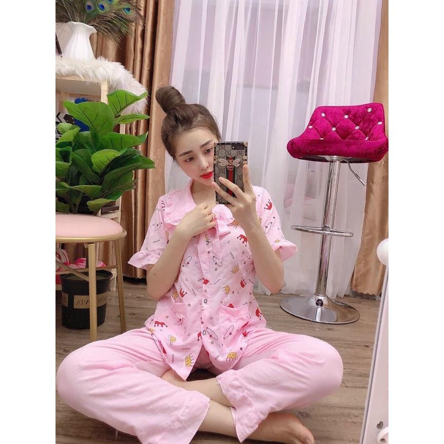 Bộ pijama đũi xốp tiểu thư cổ bèo, quần dài tay ngắn, 40 đến 59kg