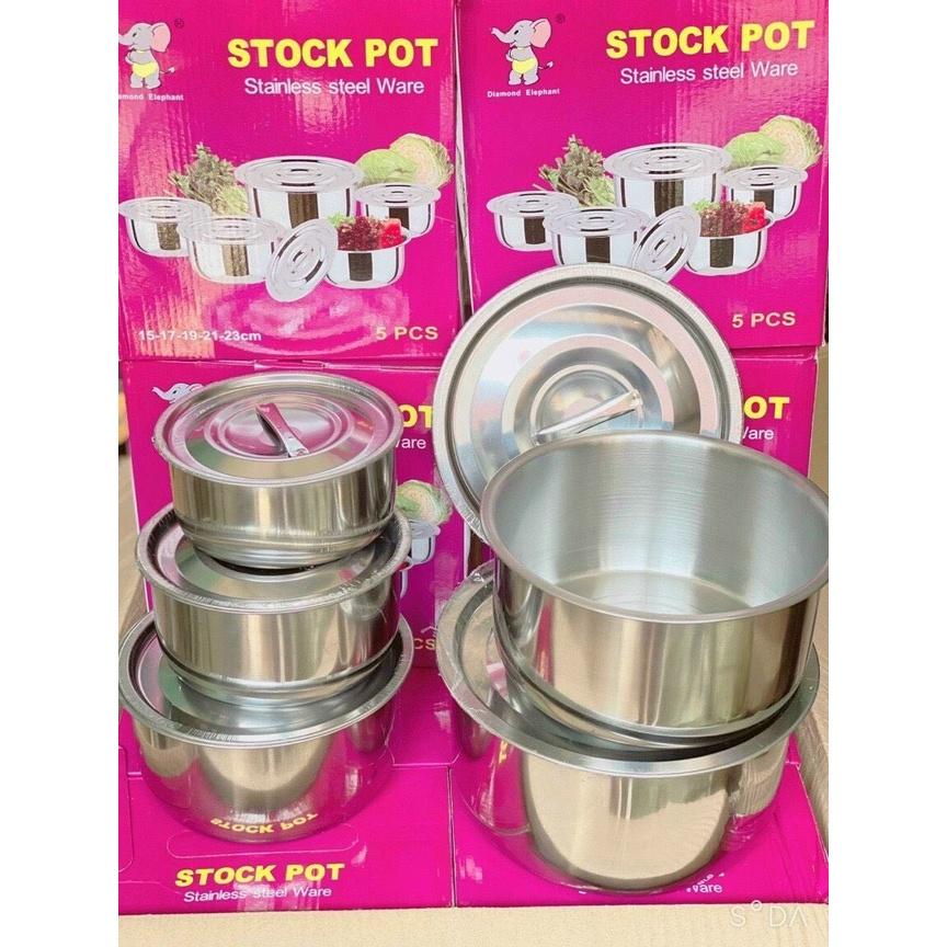 Bộ 5 Nồi Inox Không Quai Sáng Bóng Kèm Nắp Đủ Size 16-18-20-22-24 cm - dùng được trên bếp từ