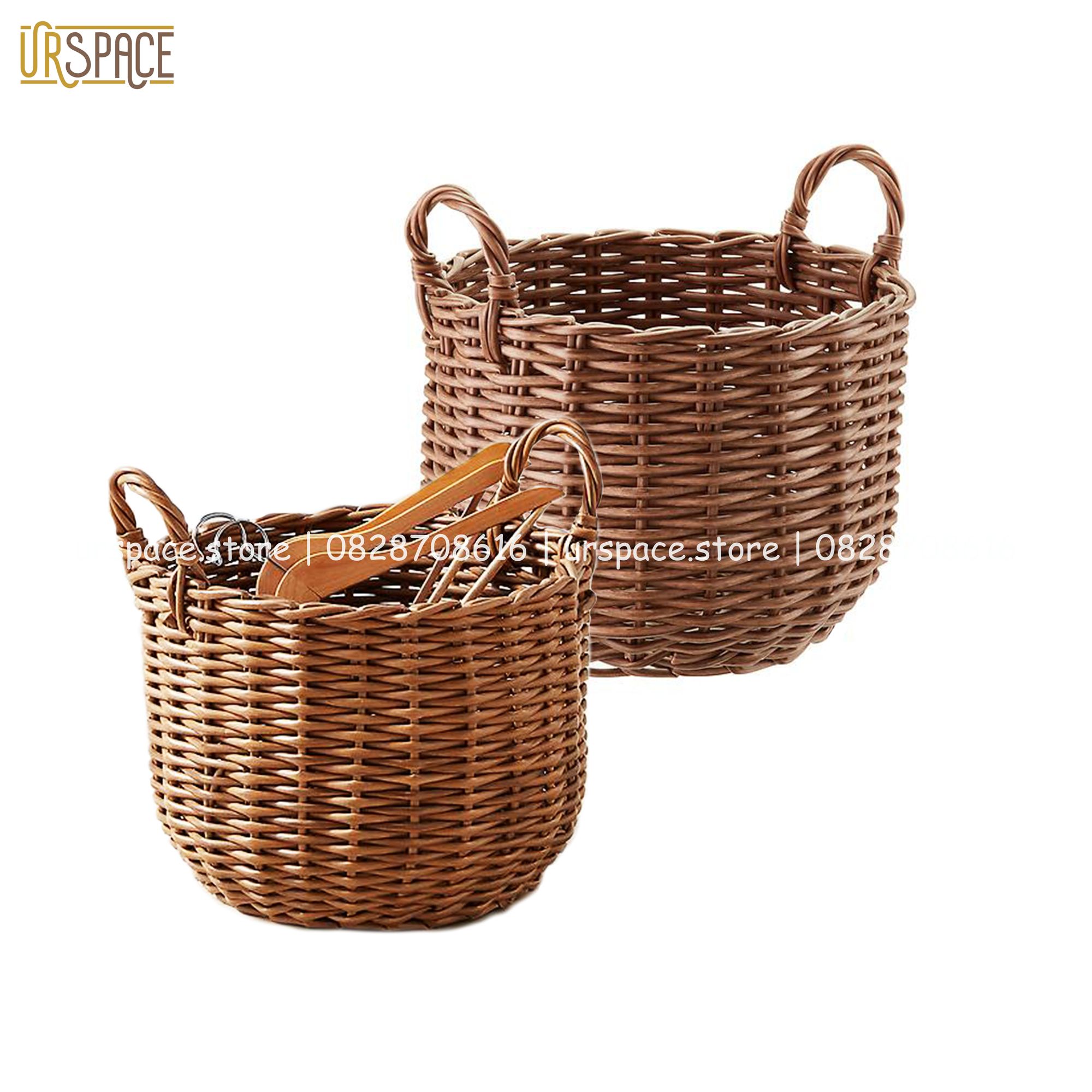 Sọt nhựa đựng quần áo, đồ chơi, trồng cây đa năng hình tròn có quai/ Hand-woven wicker round storage basket with handle