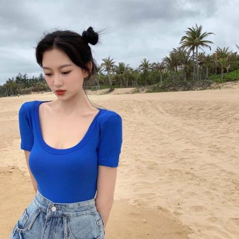 Áo thun croptop cổ vuông ôm - tay ngắn đủ màu năng động vải tốt - xu hướng 2020