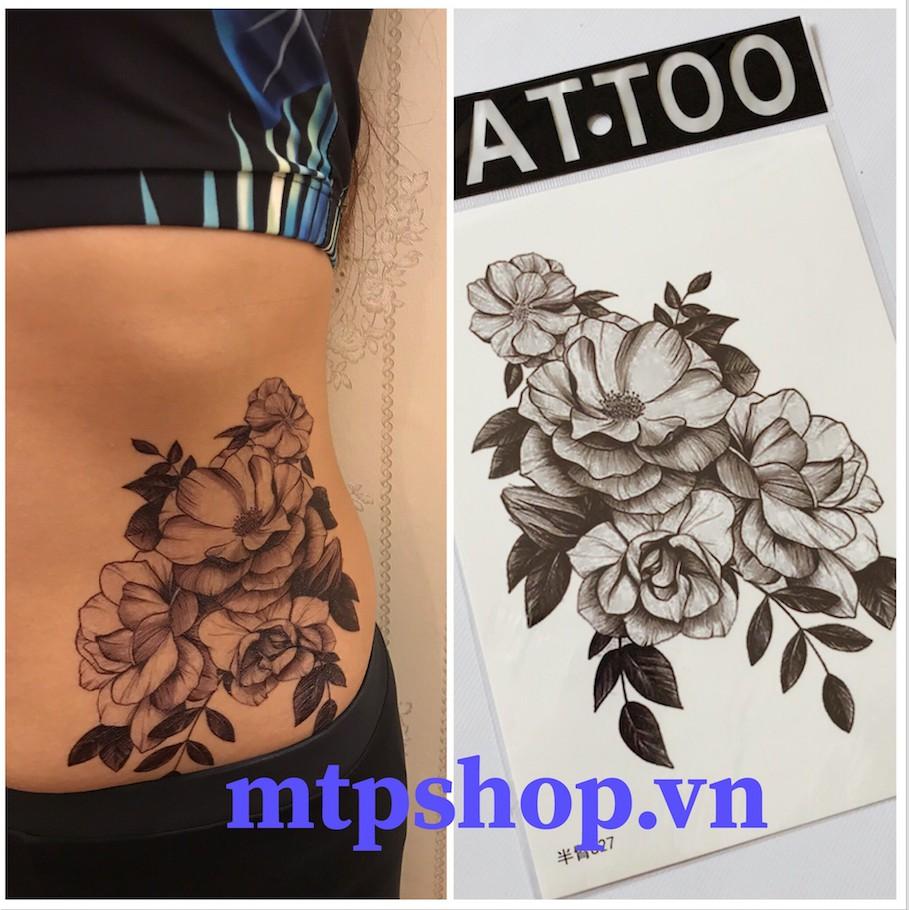 Hình xăm dán hoa bắp tay trắng đen 15x21cm