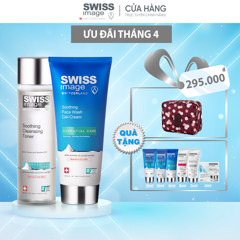 Bộ đôi Skincare Swiss Image gel rửa mặt và nước cân bằng làm sạch ngừa mụn cấp ẩm dịu da cho da thường & da khô
