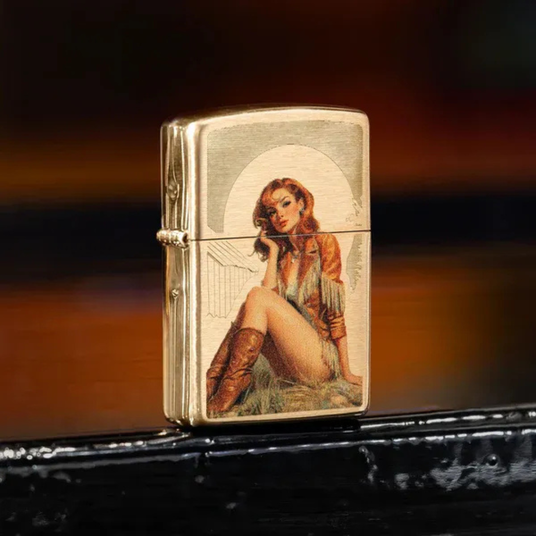 Bật Lửa Zippo Western Pinup Design Chính Hãng Mỹ - Bật Lửa Zippo Đồng Thau Mài Bóng Cổ Điển Cô Gái Cao Bồi