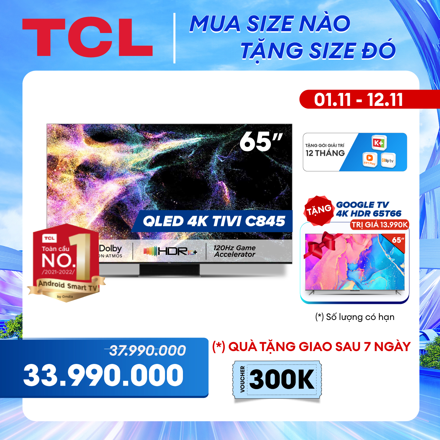 Mini LED All-Round TV 4K UHD - Tivi 65 inch - TCL 65C845 - Google TV - OK Google - Hàng chính hãng - Chỉ giao tại HCM