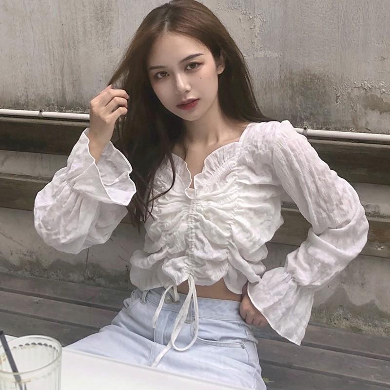 Áo Kiểu Tay Dài Màu Trơn Thiết Kế Cổ Chữ V Thời Trang Thanh Lịch