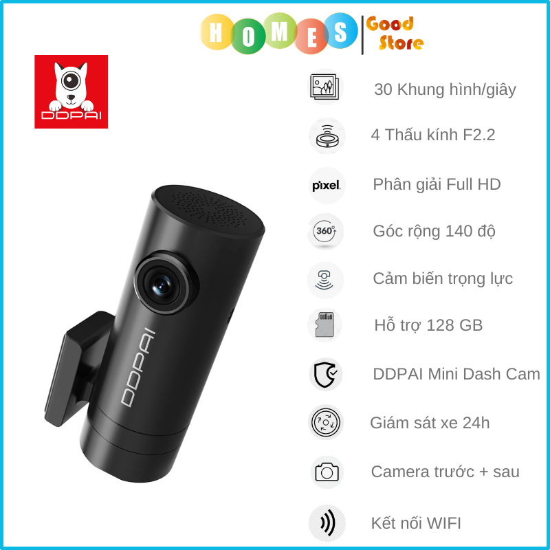 Camera Hành Trình Ô Tô DDPAI Mini Dash Cam, Độ Phân Giải Full HD, Cảm Biến Trọng Lượng, Giám Sát 24 Giờ, Kết Nối WIFI, Hỗ Trợ Bộ Nhớ 128GB - Hàng Chính Hãng