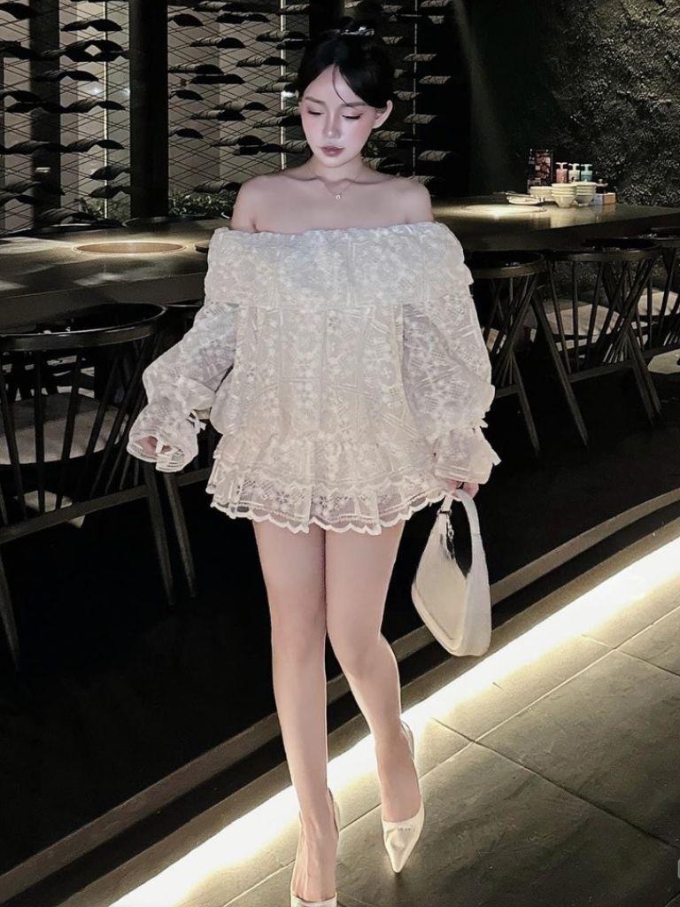 Set váy ren trễ vai thiết kế sang chảnh đầm nữ tay loe phối chân váy dự tiệc HN Clothing