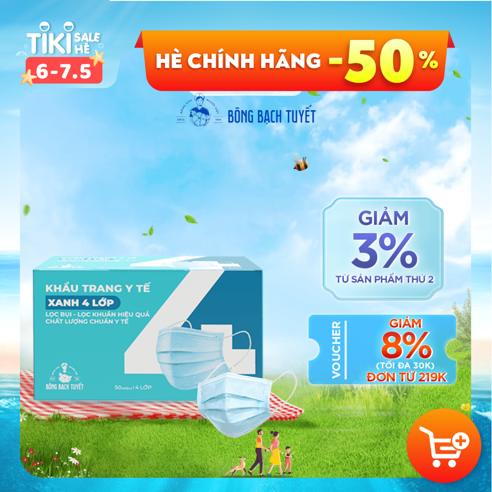 Khẩu trang Bông Bạch Tuyết 4 lớp xanh (50 cái/hộp)