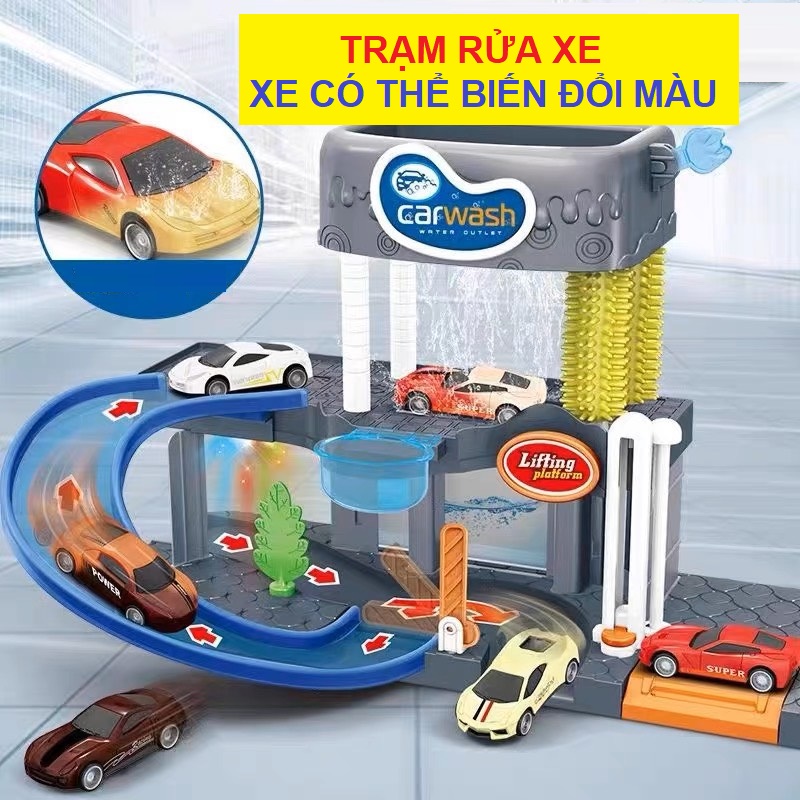 Ô tô đồ chơi mô hình trạm rửa xe kèm 3 xe mini kim loại đổi màu khi gặp nước cho bé trai, quà tặng sinh nhật cho bé