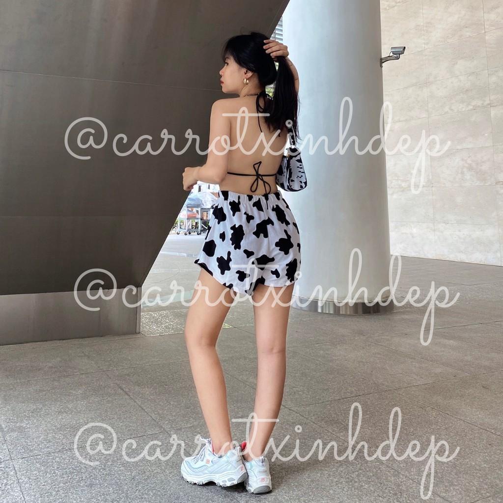 Quần đùi nhung bò sữa áo ngực bra đốm bò sữa cột cổ chất nhung cao cấp freesize carrotxinhdep cá tính năng động dễ thươn