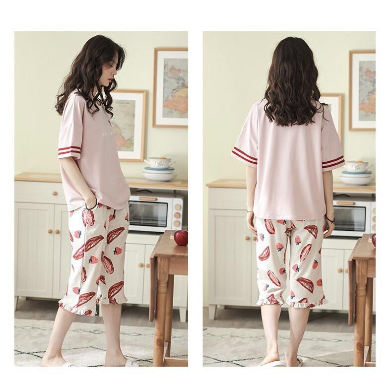 Bộ mặc nhà nữ thun cotton họa tiết strawberry viền bèo