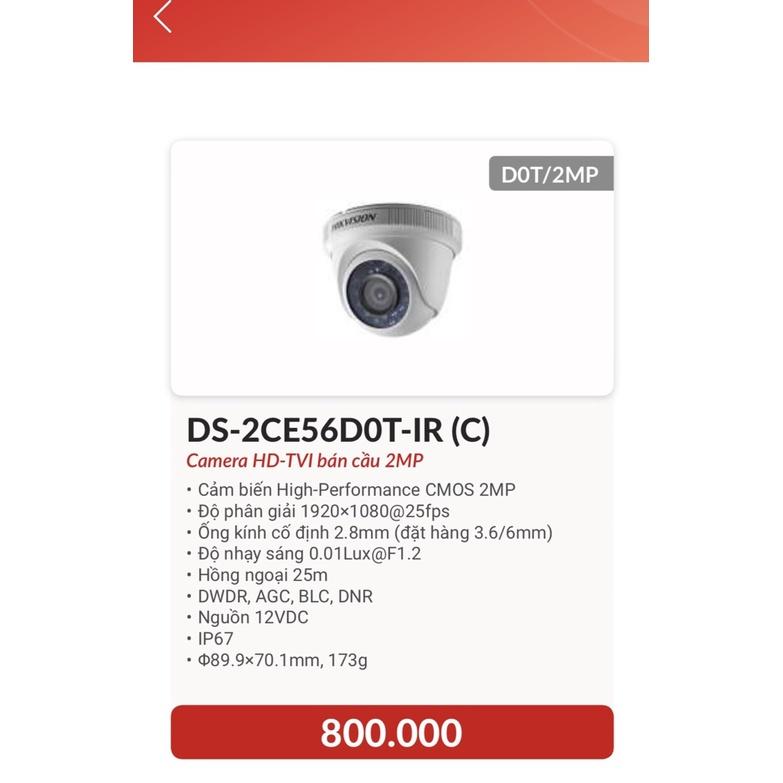 Camera HD-TVI Dome hồng ngoại 2.0 Megapixel HIKVISION DS-2CE56D0T-IR(C) - Hàng chính hãng