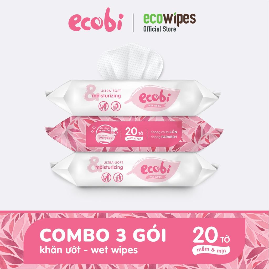 Combo 03 gói khăn giấy ướt cho bé Ecobi gói 20 tờ Hương Dịu Nhẹ không cồn không paraben an toàn cho da của bé