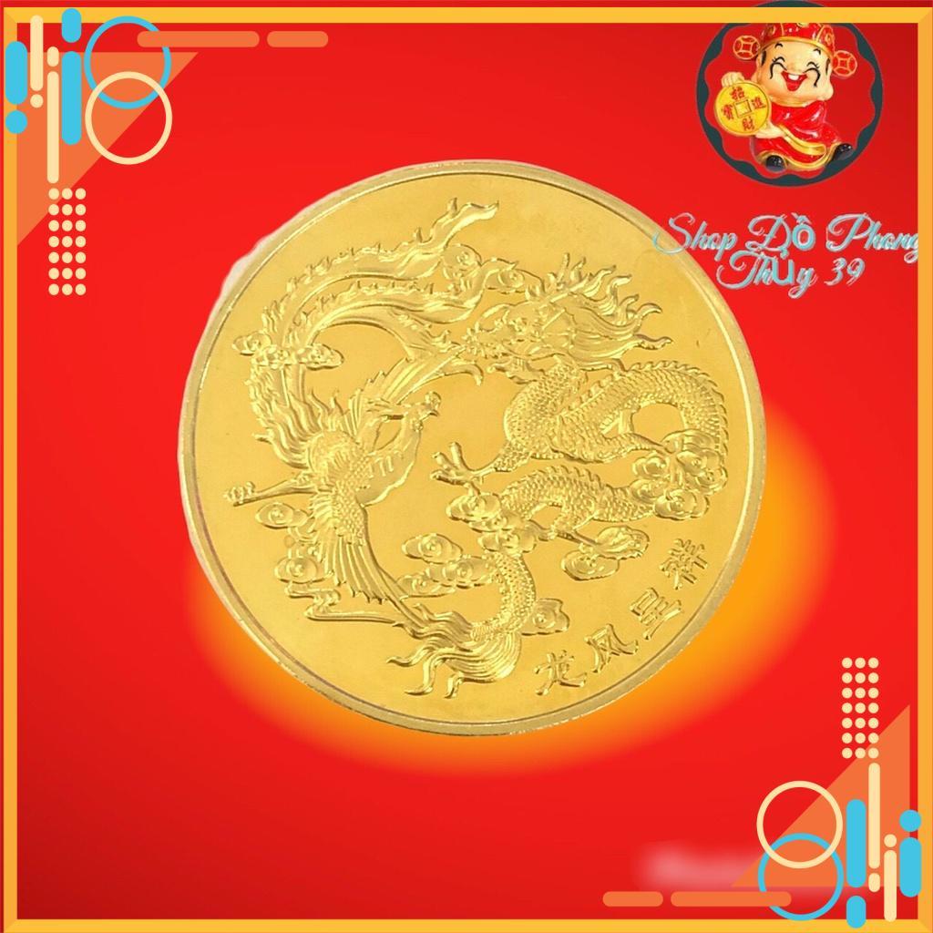 Đồng Xu Hình Long Phụng Xum Vầy Mạ Vàng 24K Phong Thủy May Mắn