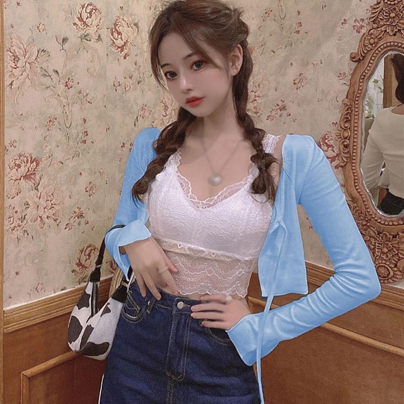 Áo Khoác Cardigan Dệt Kim Phối Ren Xinh Xắn Cho Nữ