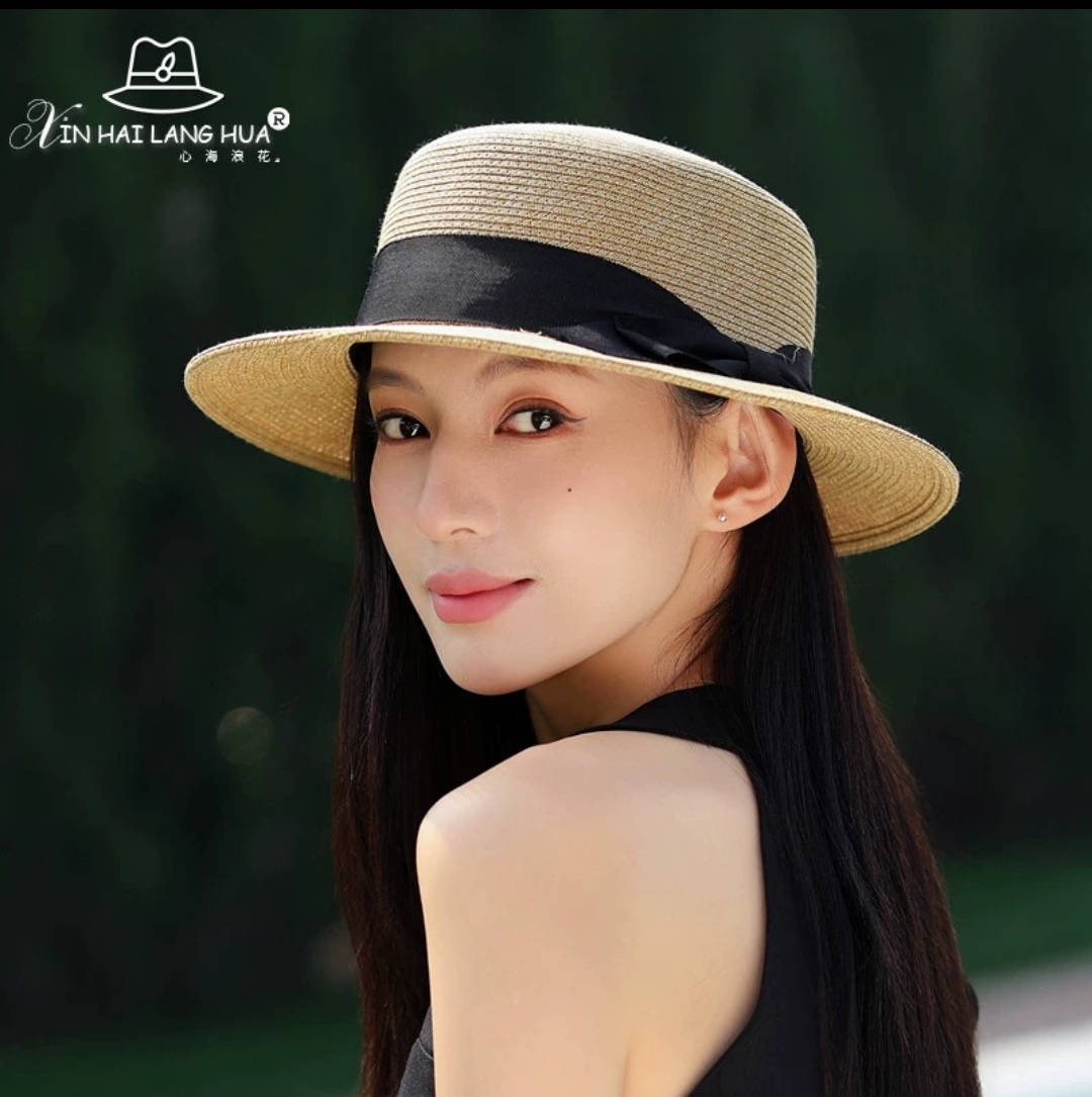 Nón vành nhỏ fedora chất liệu cói mũ rộng vành đi biển phối nơ đai đen thời trang Hàn Quốc Chất liệu cói thoáng mát Kích thước vành rộng 5cm