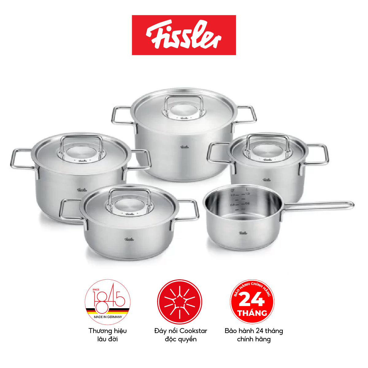 Bộ nồi Fissler Pure 5 món nắp inox có quánh - Hàng chính hãng 