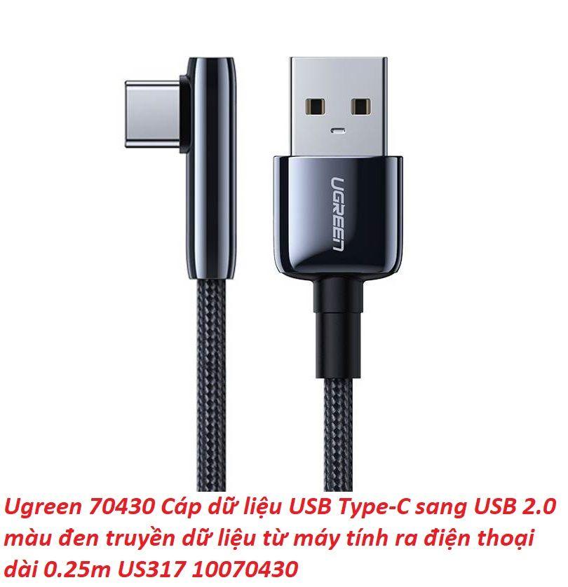 Ugreen UG70430US317TK 0.25M bẻ góc C 90 độ Cáp USB A sang Type-C 2.0 màu đen truyền dữ liệu từ máy tính ra điện thoại dài 25cm - HÀNG CHÍNH HÃNG