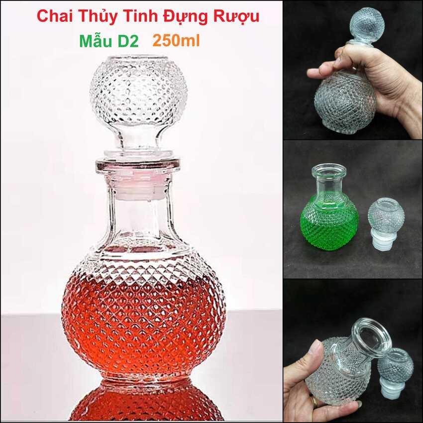 Chai Đựng Rượu Thủy Tinh (combo 3 cái 1000ml-500ml-250ml) cao cấp mẫu bầu tròn giác kim cương – Vỏ Chai Rượu Đẹp (A2,C6,D2)