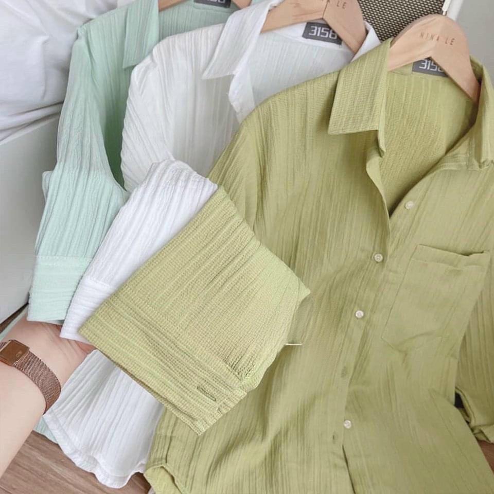 Áo Sơ Mi Nữ Dài Tay Đũi Gân Dáng Công Sở Trơn