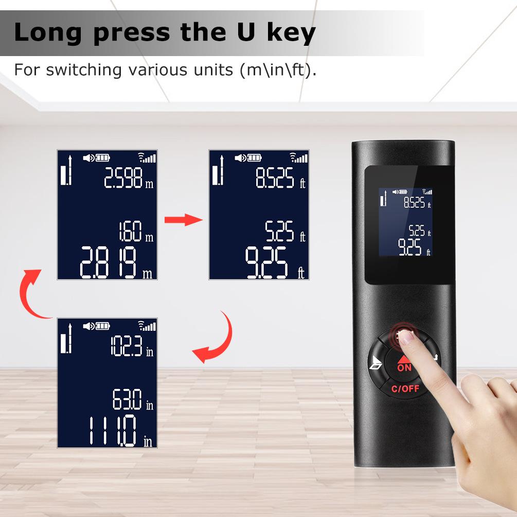 Ranger laser, thiết bị đo khoảng cách kỹ thuật số laser sạc 30m USB, dao khoảng cách di động với đèn nền LCD, phạm vi đo 0,05-30m, đo độ chính xác ± 2 mm