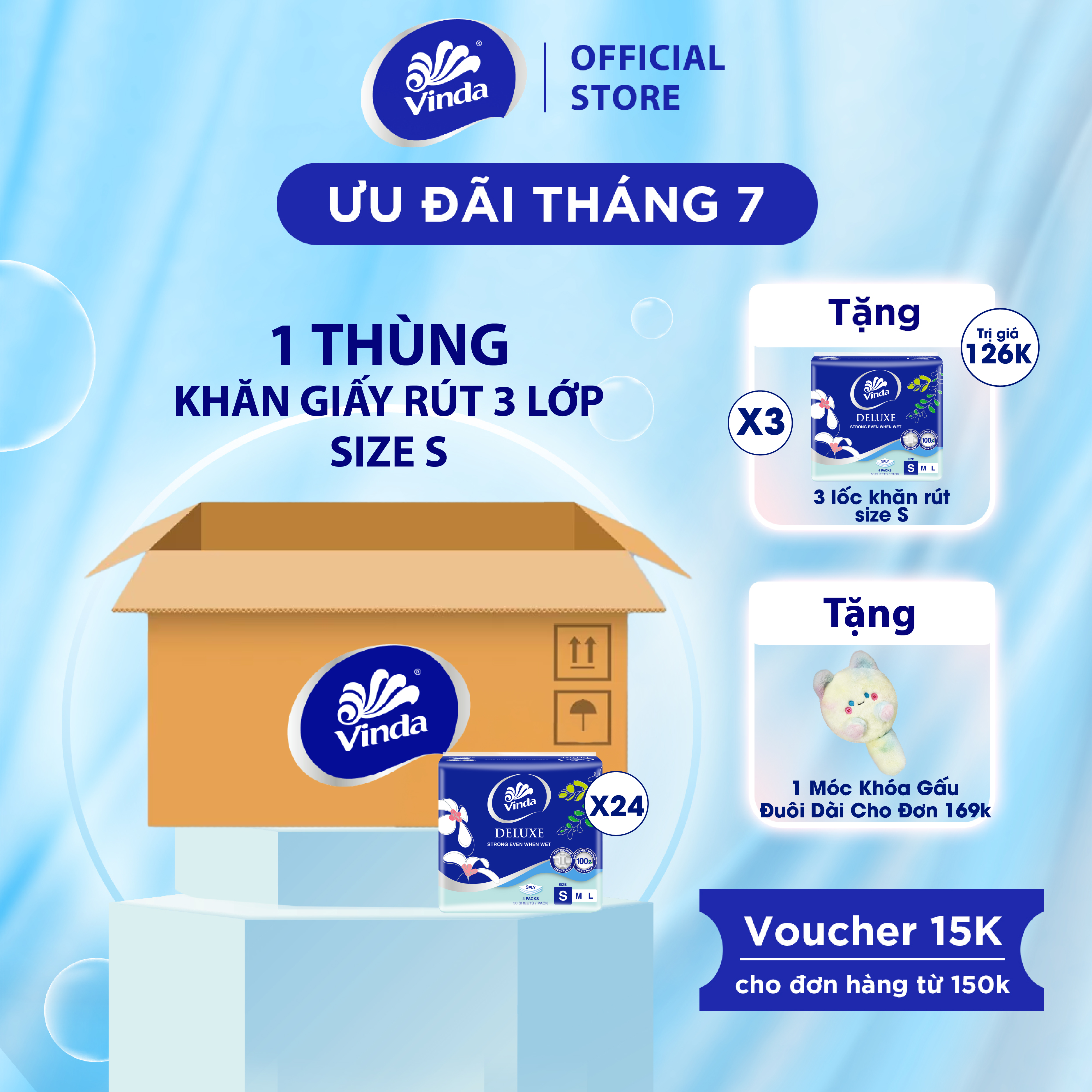 Khăn giấy rút cao cấp Vinda Deluxe 3 lớp 50 tờ size S (4 Gói)