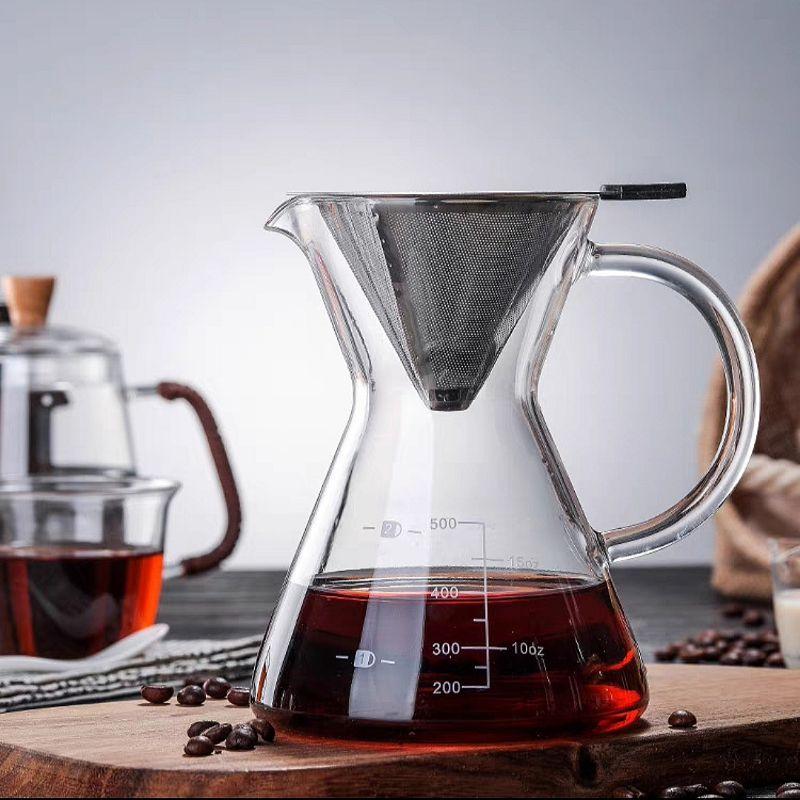 Bình Pha Cà Phê Chemex Tay Cầm Thủy Tinh có Phễu Inox 500ML