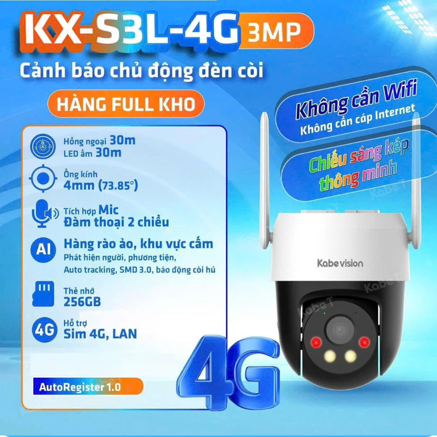 Camera KBVISION KX-S3L-4G dùng SIM 4G quay quét 3MP, đèn kép 30m, báo động đèn/còi, đàm thoại 2 chiều - Hàng chính hãng