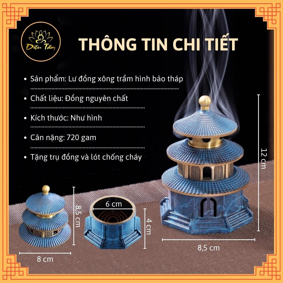 Lư xông trầm đồ thờ cúng bằng đồng hình bảo tháp sơn xanh phụ kiện trang trí ban thờ, bàn làm việc