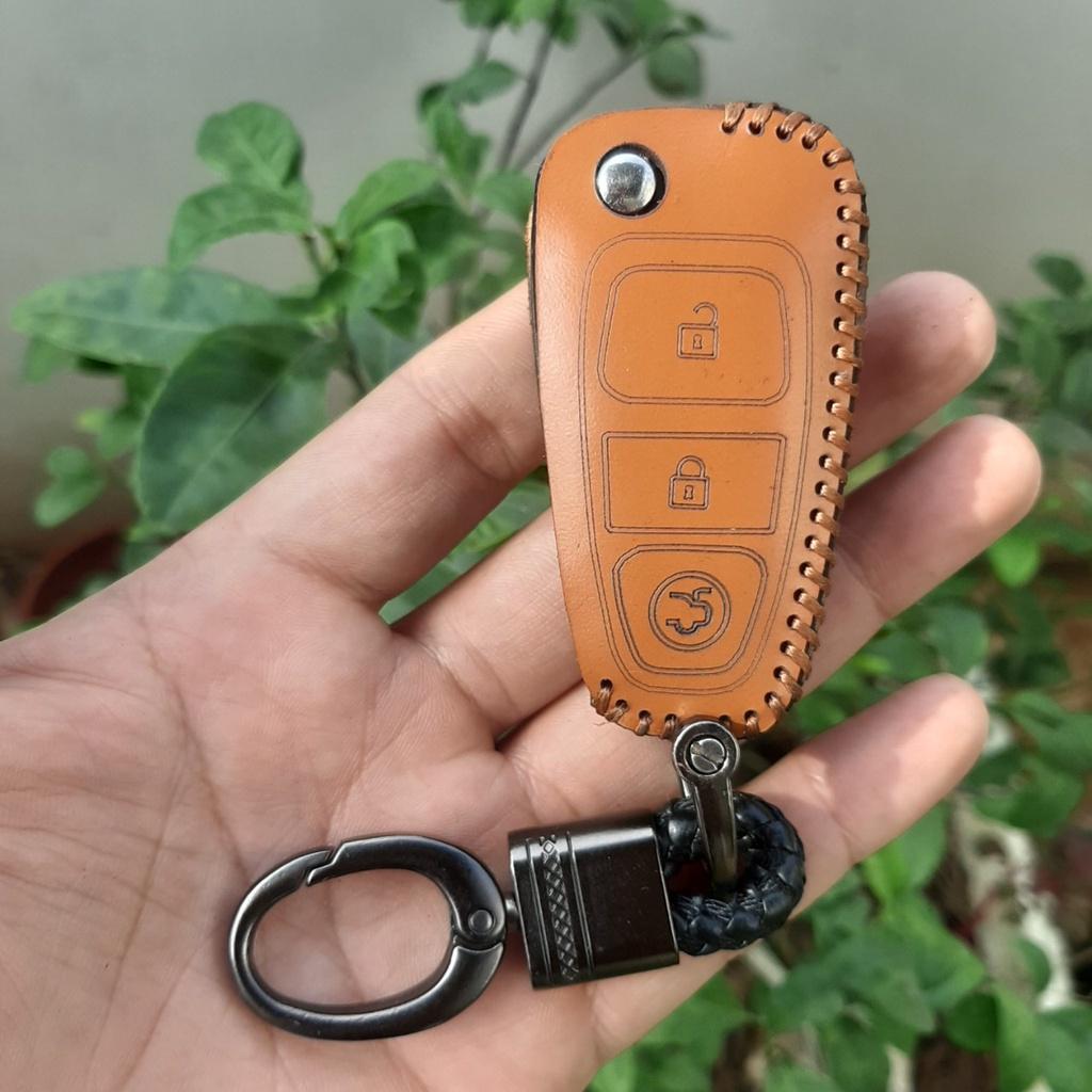 Bao da chìa khoá ôtô Ford Ranger XLS, XLT 2014-2017, Ecosport, Mazda BT50 chìa gấp nhỏ_Da bò thật - Khắc tên SĐT