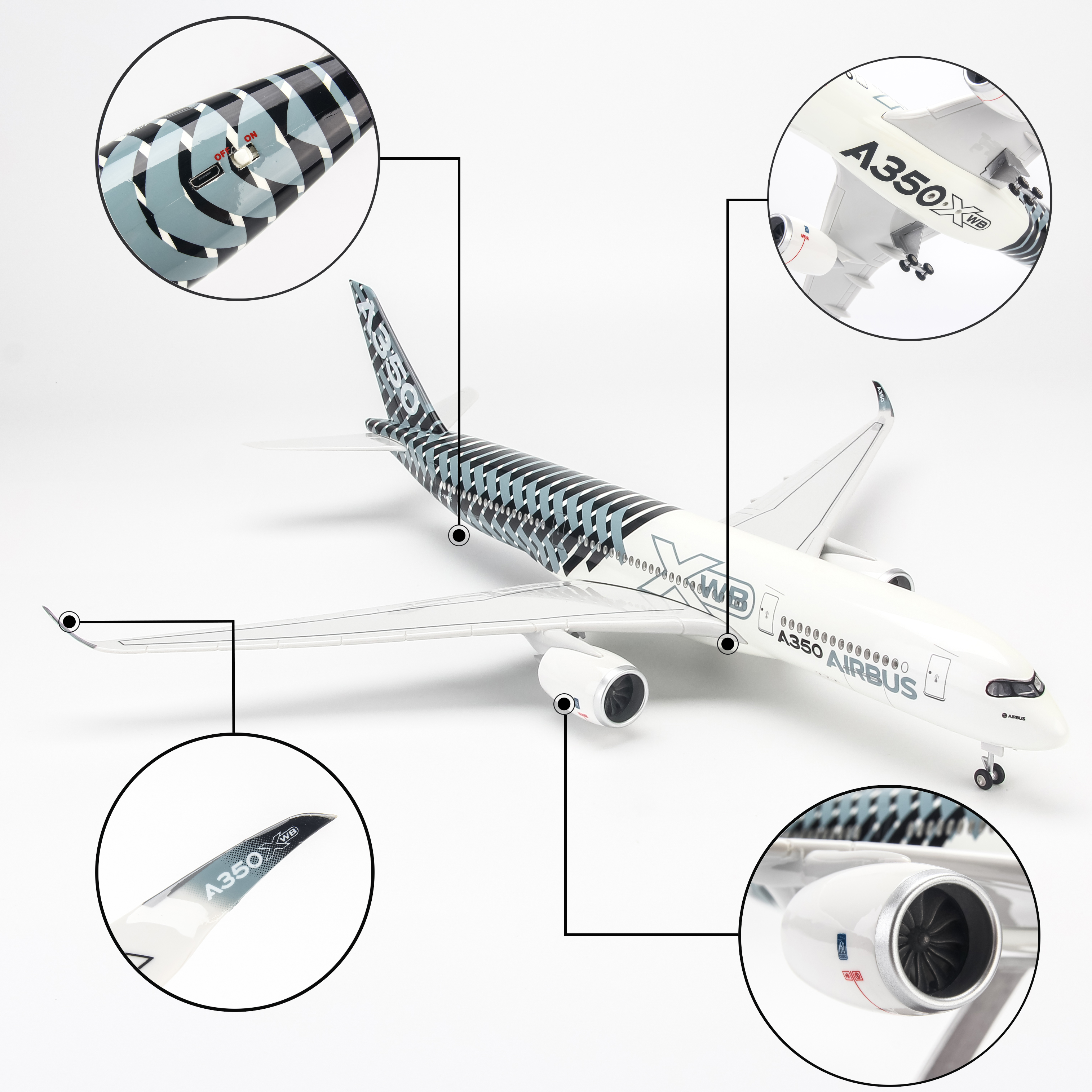 Mô hình máy bay Original Striped Airbus A350 lắp ráp có đèn 47cm MBMH46