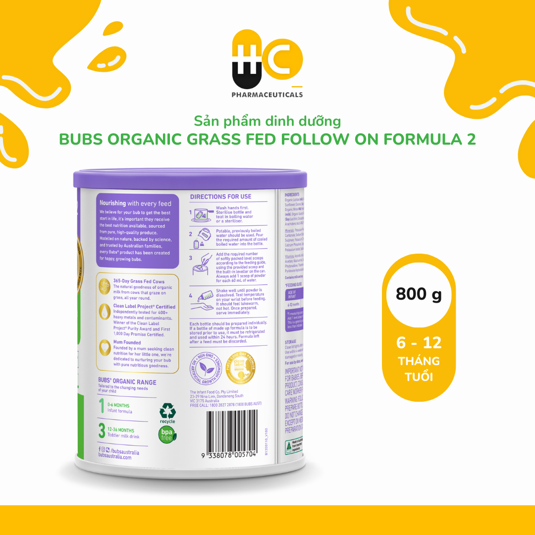Sản phẩm dinh dưỡng công thức hữu cơ Bubs Organic Grass Fed Follow-On Formula 2 (6–12 tháng tuổi) – 800g