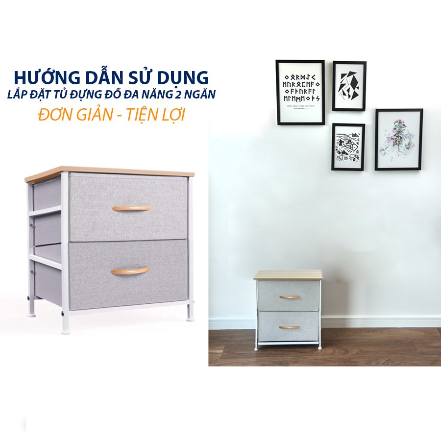 Tủ kệ đầu giường - Tủ đựng đồ đa năng 2 ngăn vải Oxfort 600D - KEMA02 - khung sắt sơn tĩnh điện chắc chắc, cứng cáp phong cách Mỹ