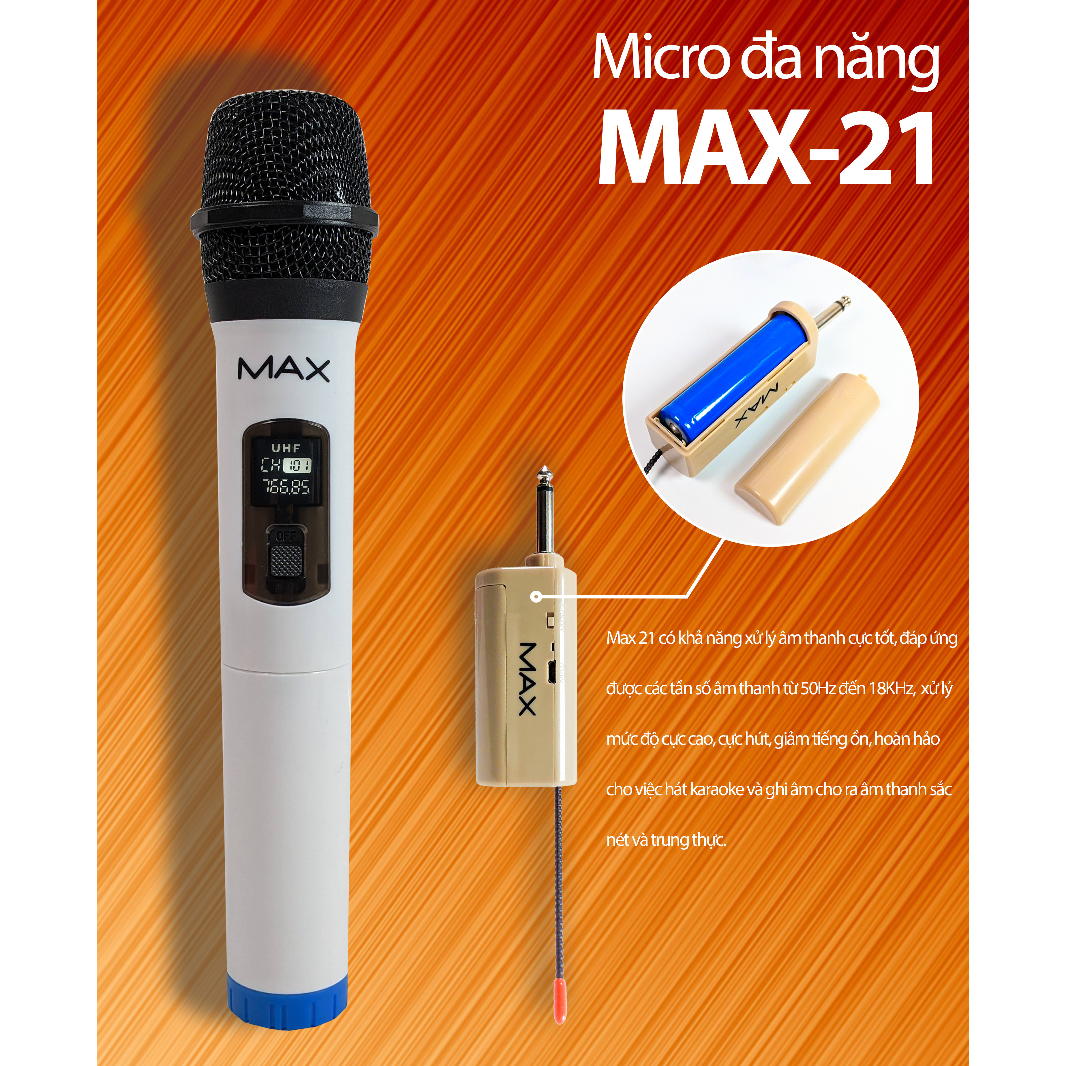 Micro không dây đa năng Max 21 - Micro không dây giá tốt, sử dụng cho mọi loại thiết bị âm thanh - Micro dành cho loa kéo, loa bluetooth, amply - Màn hình Led hiển thị thông số - Âm thanh cực hay, giá cực rẻ - Hàng nhập khẩu