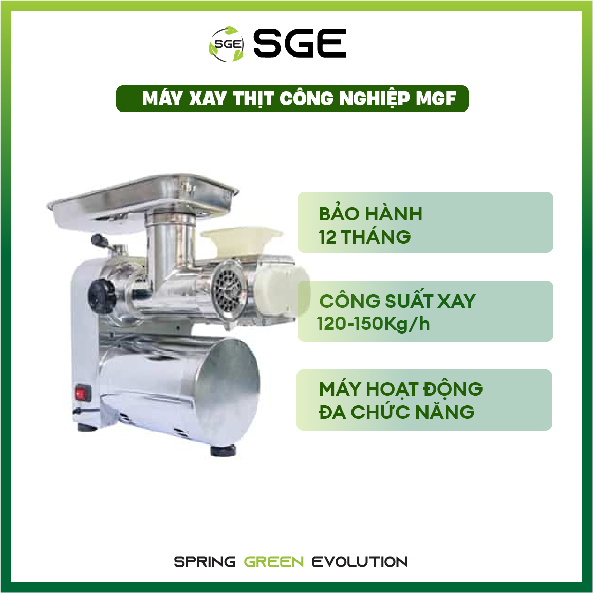 Máy Xay Thịt Công Nghiệp MGF. Xay, Cắt Đa Năng Cùng Lúc Với Nhiều Loại Đầu Cắt Thay Thế. Sử Dụng Đa Chế Độ. Tiết Kiệm Điện, Dùng 24/7, Tốc Độ Xay Cắt Nhanh. Hàng Nhập Khẩu Chính Hãng SGE Thái Lan