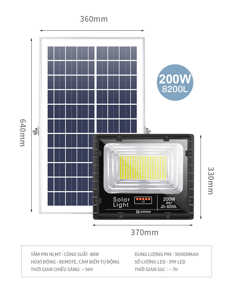 Đèn Năng Lượng Mặt Trời 200W JINDIAN JD8200L- Hàng Chính Hãng có Logo JINDIAN