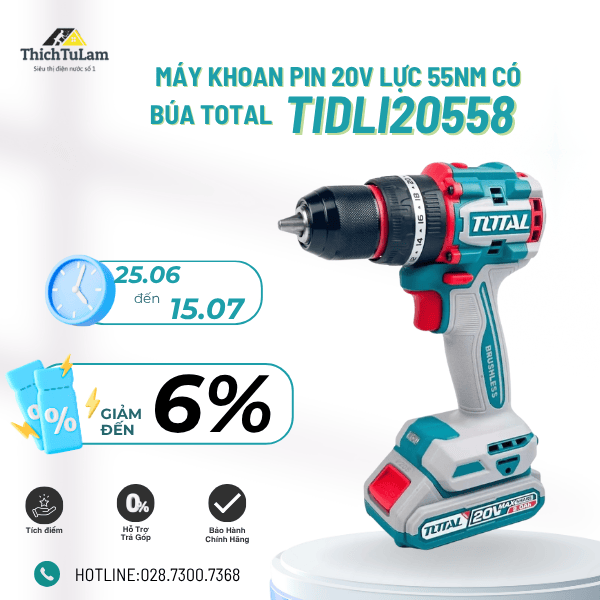 MÁY KHOAN PIN 20V 55NM CÓ BÚA TIDLI20558 TOTAL - HÀNG CHÍNH HÃNG