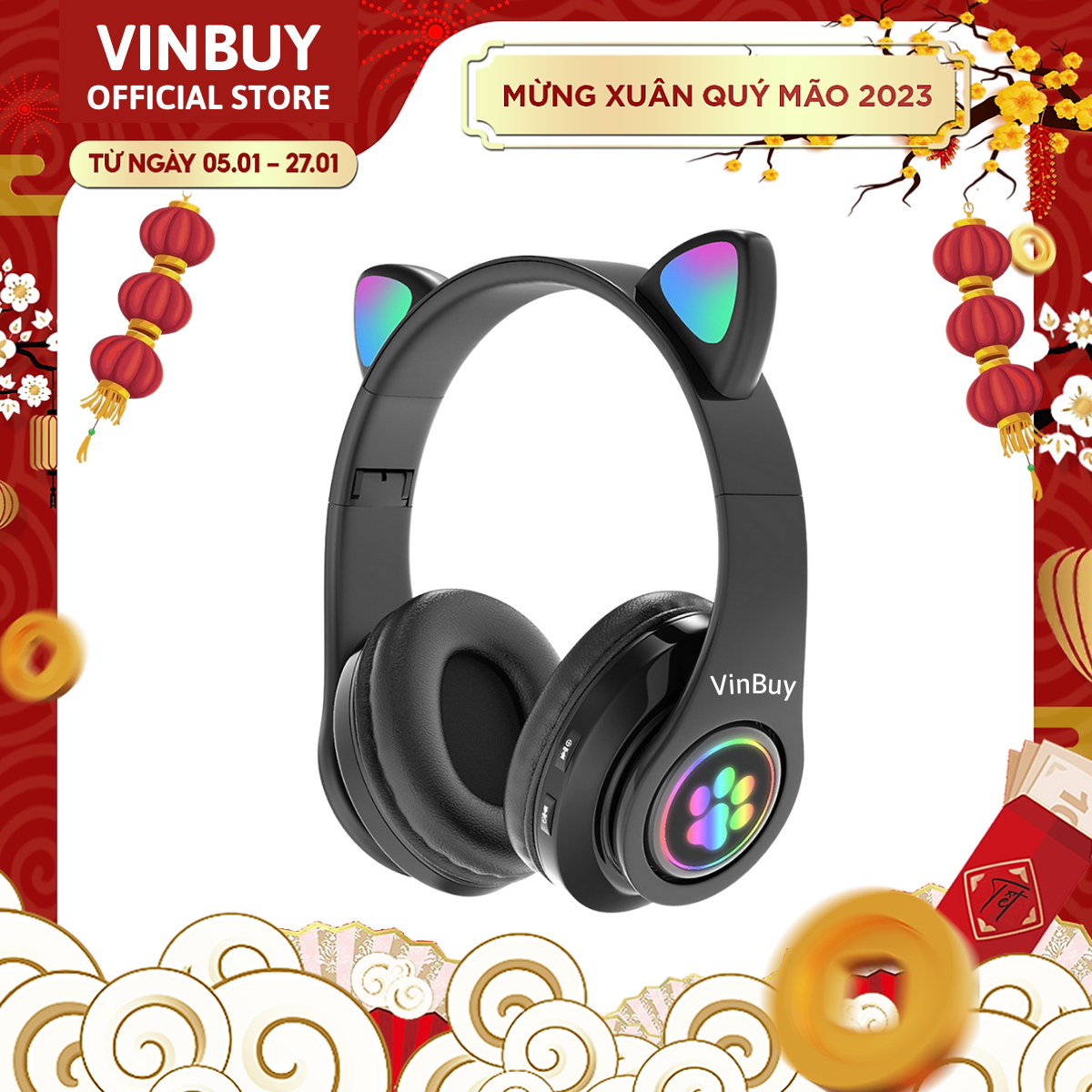 Tai Nghe Bluetooth Tai Mèo Phát Sáng VinBuy, Tai Nghe Không Dây, Tai Nghe Chụp Tai, Tai Nghe Mèo Có Mic, Đèn LED Và Âm Bass Mạnh Mẽ - Chính Hãng