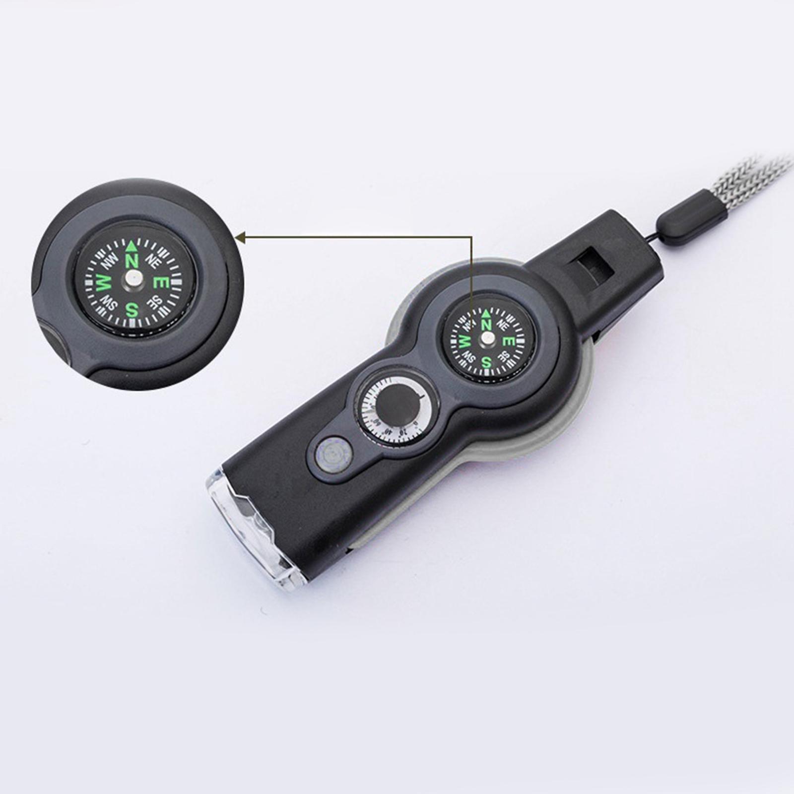 Emergency Whistle,7-in-1 Tool, Survival Flashlight Mirror with Storage,Hiking Compass,Camping Thermometer,Magnifier Mirror for Survival Compass