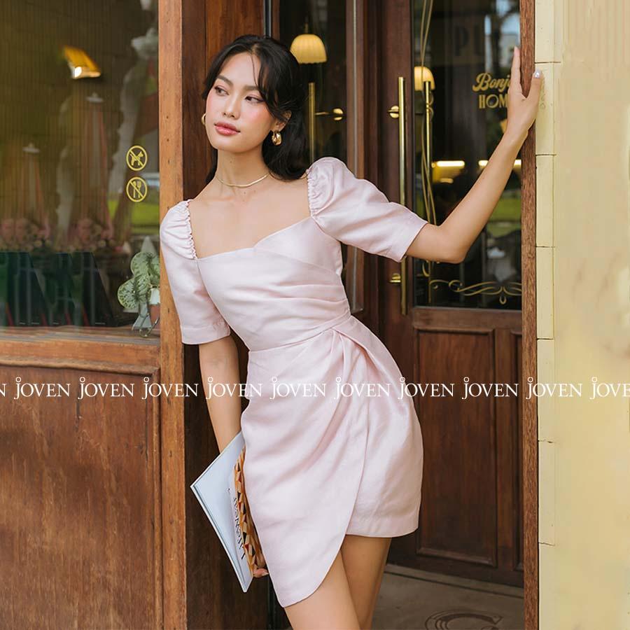 Đầm mini xếp ly chéo hồng Joven