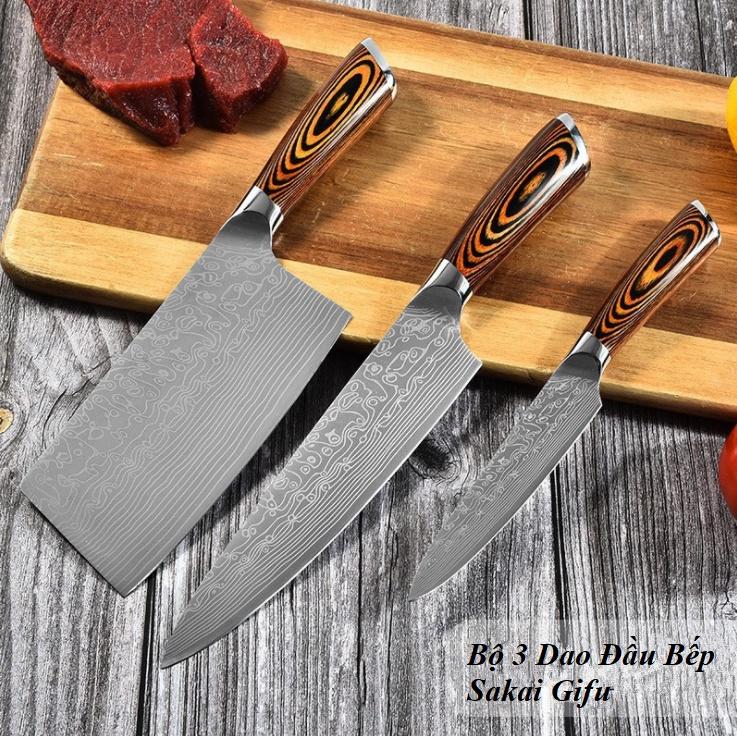 Bộ 3 Dao Nhà Bếp Nhật Khắc Vân Damascus Cao Cấp