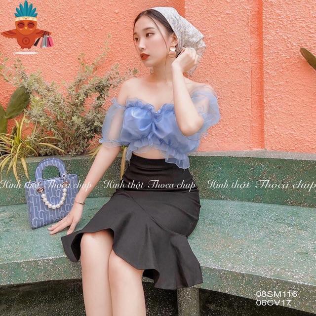 Áo voan kiếng rút ngực croptop trễ vai -Z6U