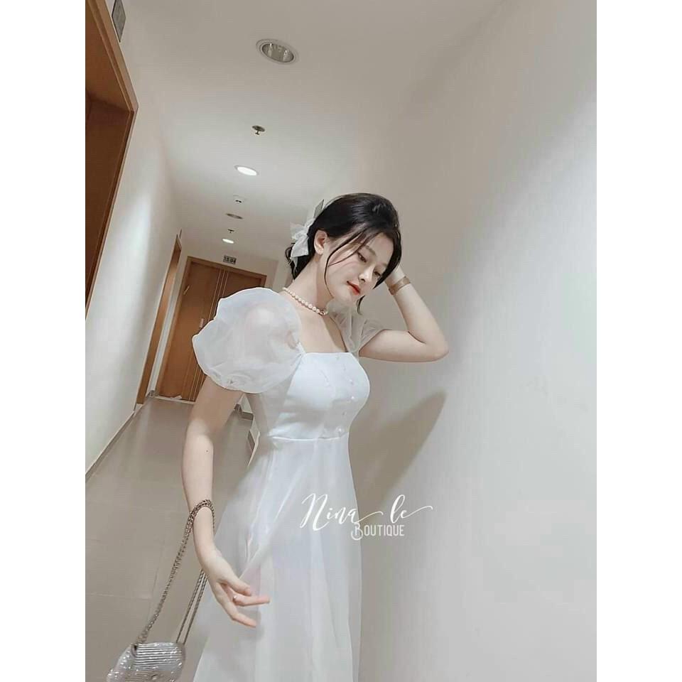 Váy đầm nữ dáng xòe màu trắng tinh khôi phối nút HT59
